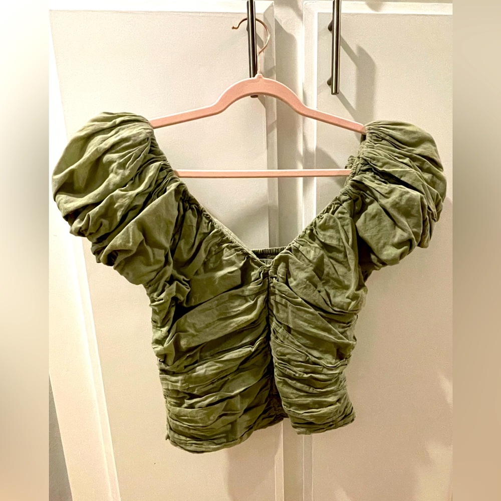 Abercrombie & Fitch Olive Green Ruched Women's Top, Size L - Picture 3 of 11
